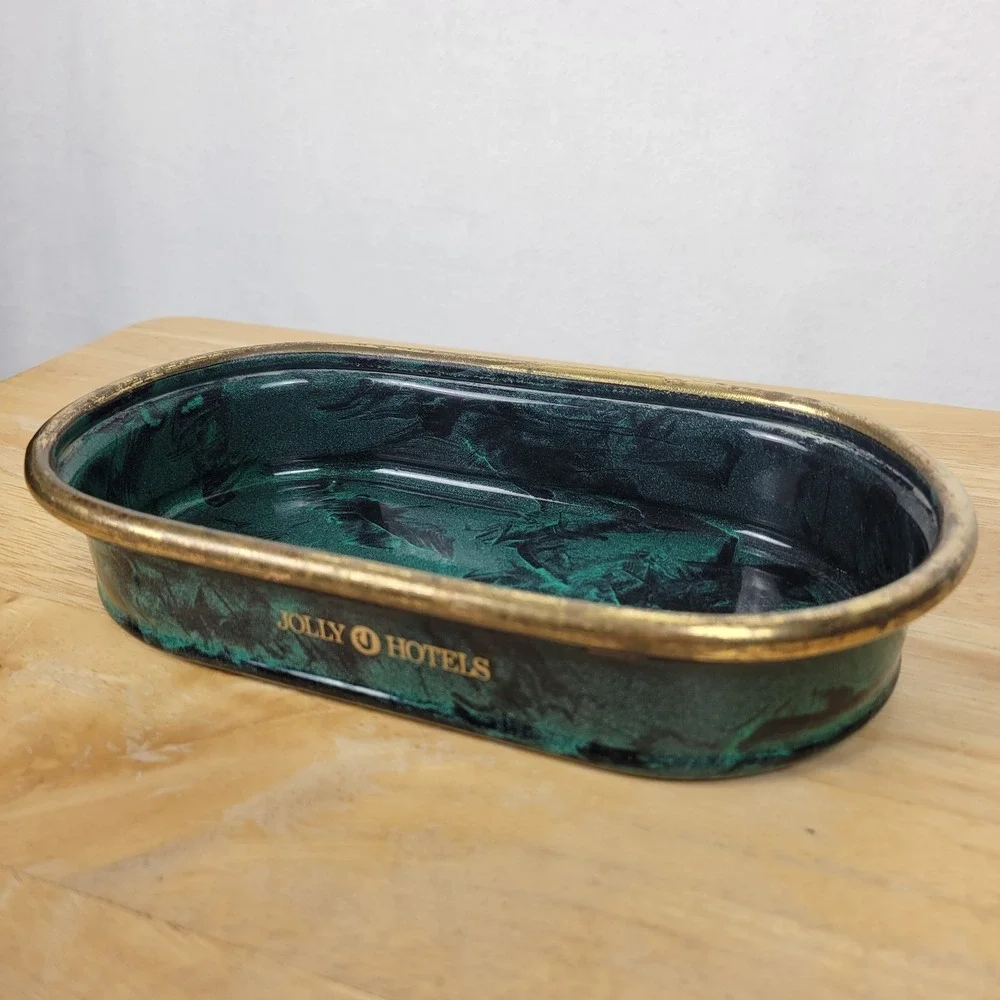 Jolly Hotels Vintage Green and Gold Metal Catch-All Tray Hollywood Regency Moody